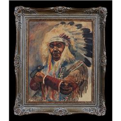Mary Duncan Watercolour of a Chief Holding Tomahawk 22"x 25 1/2" Framed  Good Condition