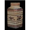 Image 1 : Very Finely Woven Makah Basketry Covered Jar with Eagle Holding Arrow and Whale Design - John Spangl