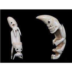 Two Carved Tupilaks, Inuit Greenland Culture - Marine Ivory  - John Spangler Estate 4 1/4" H. and 4 