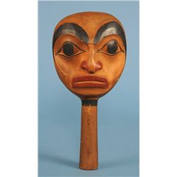 Haida Face Rattle ca. 1900, Carved and Painted, Fine Patina 10 1/2" H. 5" W.  Good Condition