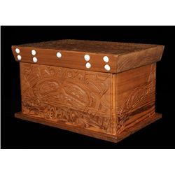 Tsimshian Bent Wood Lidded Box with Bear Design, Carved by Ron Sebastian - K'san Hazelton, B.C. 1976