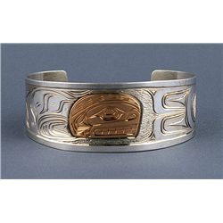 Northwest Coast Silver and Gold Bracelet with Incised Whale Design by Richard Baker 7" L. 1 1/8" W. 