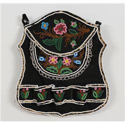 19TH C. Woodlands Beaded Pouch with Floral Motif 10" H. 9" W.  Good Condition with Minor Bead Loss