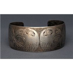 Haida Silver Bracelet with Finely Incised Double Eagle Design - Signed C. Gladstone Sr. 1952 - Skide