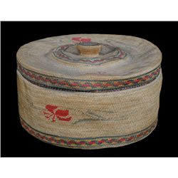 Large Makah Knob Top Basket with Floral and Geometric Design - John Spangler Estate 11" D. 6" H.  Fa