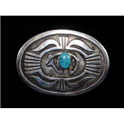 Navajo/Hopi Cast Silver and Turquoise Belt Buckle, Bear Motif 2 1/4"x 3 1/4"  Fine Condition