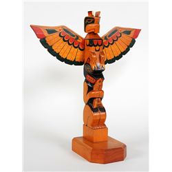 Quatsino Sound Totem Carved with Thunderbird and Bear Holding a Salmon 15" H. 13 1/2" W.  Good Condi