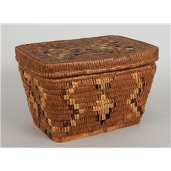 Salish Lidded Basket with Imbricated Design 10" L. 6 3/4" H.  Fair Condition