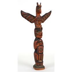 Early Charlie James Totem Carved with Thunderbird and Bear Holding Shaman with Copper 13 1/2" H. 6 7