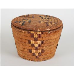 Fraser River Lidded Basket with Imbricated Design 7" D. 5" H.  Good Condition