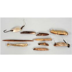 Two Shell Fishing Lures 4" L. - 5" L. and Eight Inuit Bone and Antler Items - John Spangler Estate Two Shell Fishing Lures 4" L. - 5" L. and Eight Inuit Bone and Antler Items - John Spangler Estate
