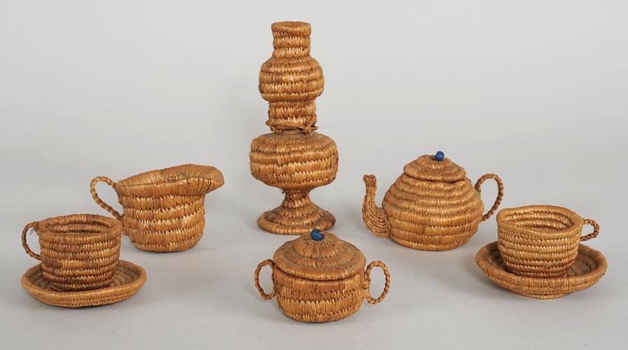 Inuit Basketry Tea Set with Teapot, Two Tea Cups and Saucers, Cream and ...