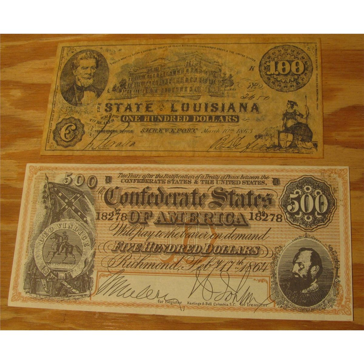 47 2 Reproduction Confederate Banknotes State Of Louisiana 100 Csa 500 Banknotes Both Are