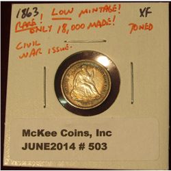 503.  1863 Seated Liberty Half Dime XF toned – RARE – Civil War issue, LOW mintage, 18,000 pieces mi