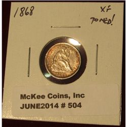 504.  1868 Seated Liberty Half Dime XF toned