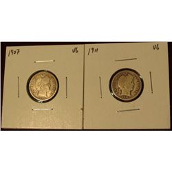 512.  (2) Barber Dimes – 1907 & 1911, both VG