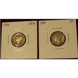 515.  (2) Mercury Dimes – 1916 VG10 & 1919 F+
