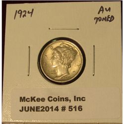 516.  1924 Mercury Dime AU toned