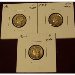 517.  (3) Mercury Dimes – 1931 F toned, 1931-D VF30 toned & 1931-S F toned