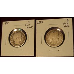 526.  (2) Barber Quarters – 1892 G+ & 1894 G, both with full rims