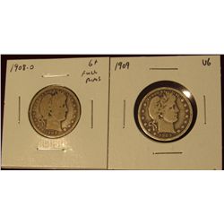 532. ( 2) Barber Quarters – 1908-O G+ full rims & 1909 VG