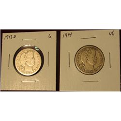 537.  (2) Barber Quarters – 1913-D G & 1914 VG