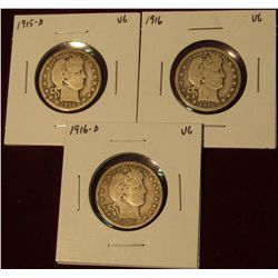 539. ( 3) Barber Quarters – 1915-D, 1916 & 1916-D, all VG