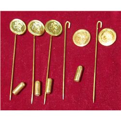 717. (4) Antique Gold toned Pioneer Fractional Coin Head Stick Pins and one missing the head.  All o