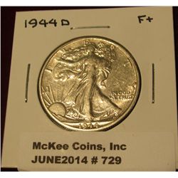 729. 1944 D Walking Liberty Half Dollar. F+.
