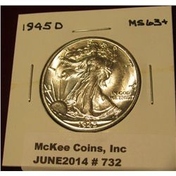 732. 1945 D Walking Liberty Half Dollar. MS 63+.