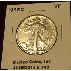 748. 1938 D Walking Liberty Half Dollar. VF 20.