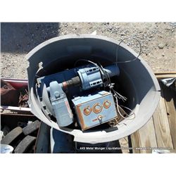 TRASH CAN: ELECTRIC PULLEY, ASSORTED METAL PARTS