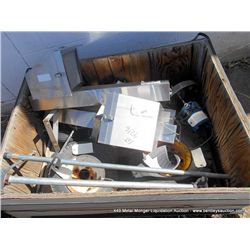WOODEN BOX: TIRES, MOTOR, METAL ITEMS