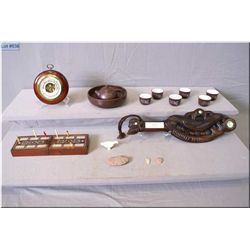 Selection of collectibles including hard carved paddle, barometer, arrow heads,inlaid cribbage box a