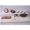 Image 1 : Selection of collectibles including hard carved paddle, barometer, arrow heads,inlaid cribbage box a