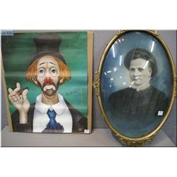 Vintage convex glass and cast picture framed portrait and two hand signed Red Skelton clown prints