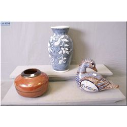 Three pottery collectibles including large vase, Tony Bloom signed bowl and a glazed pottery duck