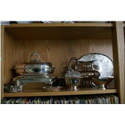 Shelf lot of silverplate including casserole, trays, napkin rings, pitcher, sauce boat etc.