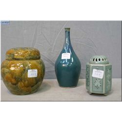 Three pieces of antique Doulton pottery including two potpourris and a 7" bud vase