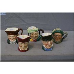 Five miniature Royal Doulton character jugs including Sairey Gamp, The Cardinal, Auld Mac,Old Charle