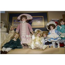 Shelf lot of porcelain collectors dolls