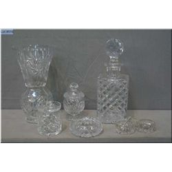 Tray lot of crystal including drinks decanter, vases, condiment dishes, open salts with silverplate 
