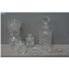 Image 1 : Tray lot of crystal including drinks decanter, vases, condiment dishes, open salts with silverplate 