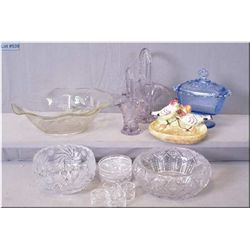 Selection of collectibles including etched bowl, lidded comport, two baskets, Goldscheider bird moti