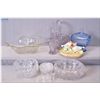 Image 1 : Selection of collectibles including etched bowl, lidded comport, two baskets, Goldscheider bird moti