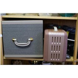 Shelf lot of cameras and camera equipment including Buschnell telescope, Cannon camera, tripod etc.