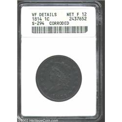 1814 1C Crosslet 4--Corroded--ANACS. VF Details, Net Fine12. S-294, R.1. Deep brown surfaces with nu
