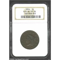 1816 1C AU50 NGC. N-8, R.3. Surprisingly well struck for the grade with rich brown patina spread acr