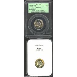 1938-D/D 5C MS66 NGC, iridescent peach, gold, and aqua patina, not fully struck, the repunched detai