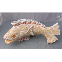 Big Artist Signed Porcelain Fish Flower Vase Sculpture